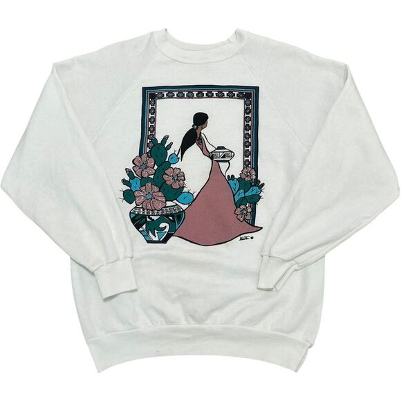 Southwest vintage White Sweater with Artistic Print - Picture 1 of 1